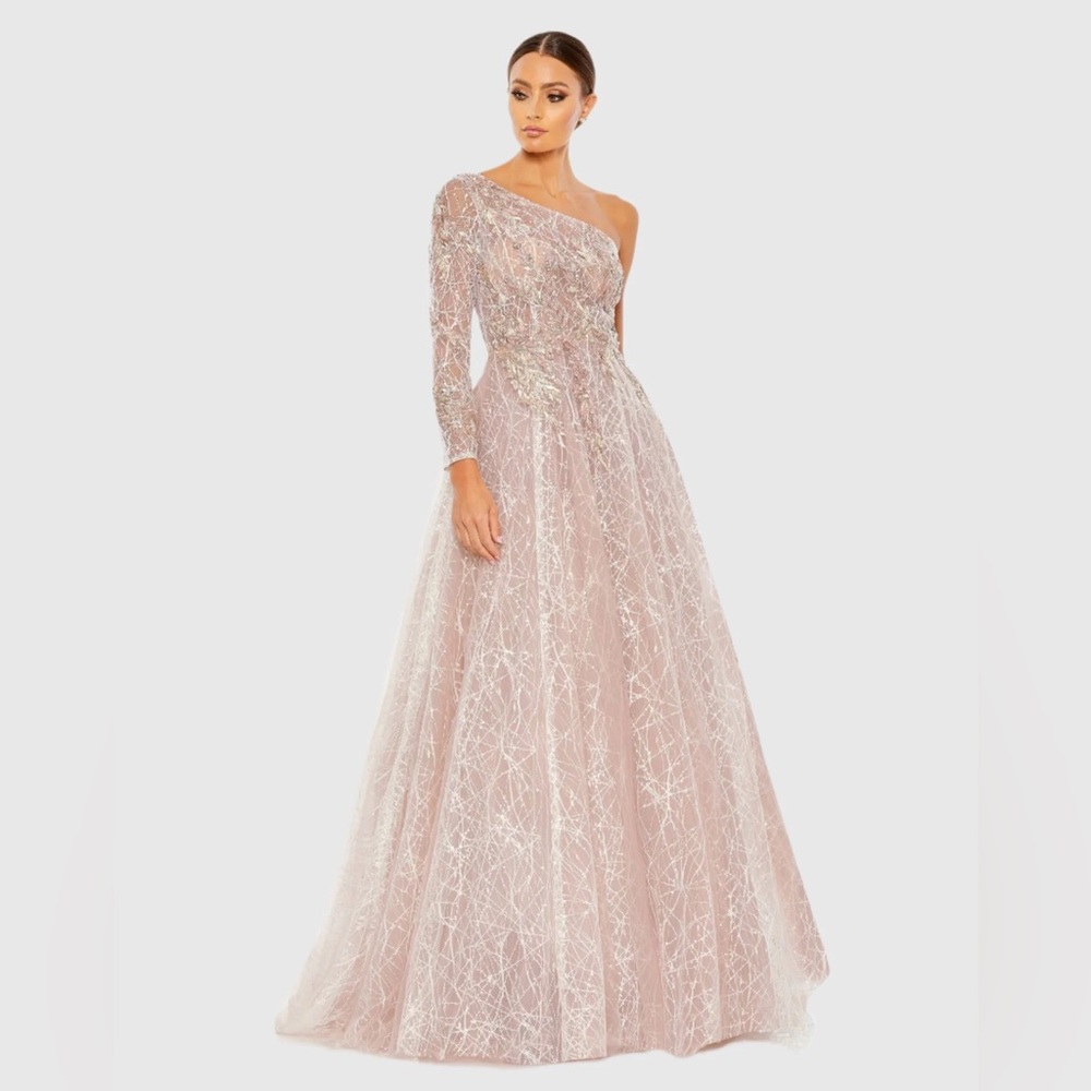 NWT $798 MAC DUGGAL Pink Embroidered One Shoulder Bodice Ballgown Dress Maxi